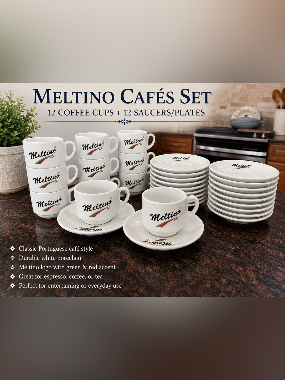 NEW Meltino Cafés Espresso Cup & Saucer Set – 12 Cups & 12 Saucers